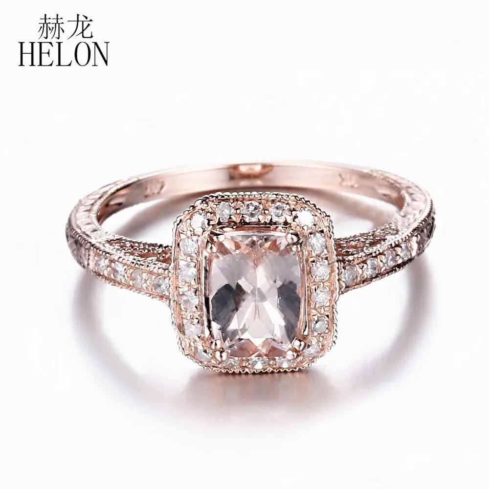

HELON Solid 14K Rose Gold Flawless Cushion 7x5mm Natural Morganite Diamonds Engagement Wedding Ring Women Vintage Fine Jewelry