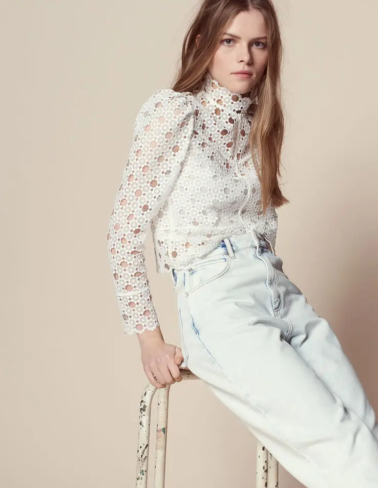 Блузка женская с длинным рукавом стоячим воротником Винтажный кружевной топ