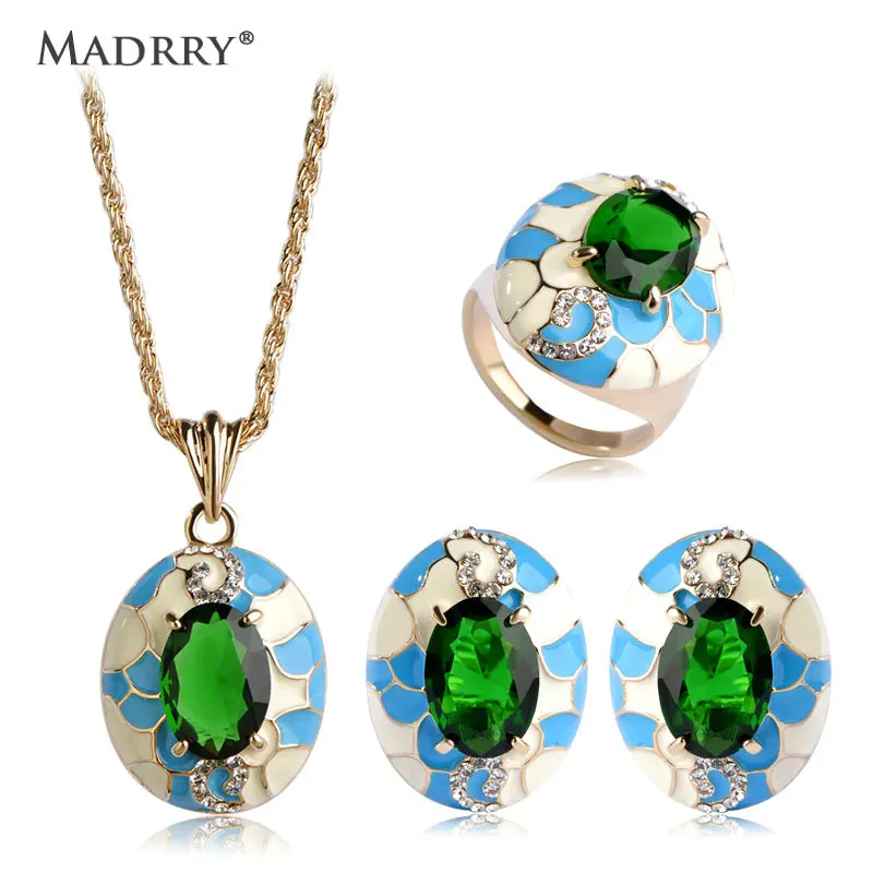 Роскошный комплект эмалевых украшений с чешскими кристаллами и позолотой 18