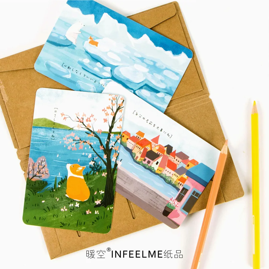 30Pcs/pack New Little short leg Keji Dog Round Corner Greeting Card Postcard Letter Envelope Gift Set Message M0459 | Канцтовары для