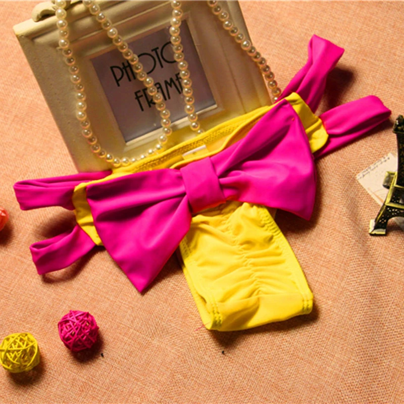 Женские бикини стринги с коротким низом купальник низкой посадкой бантом