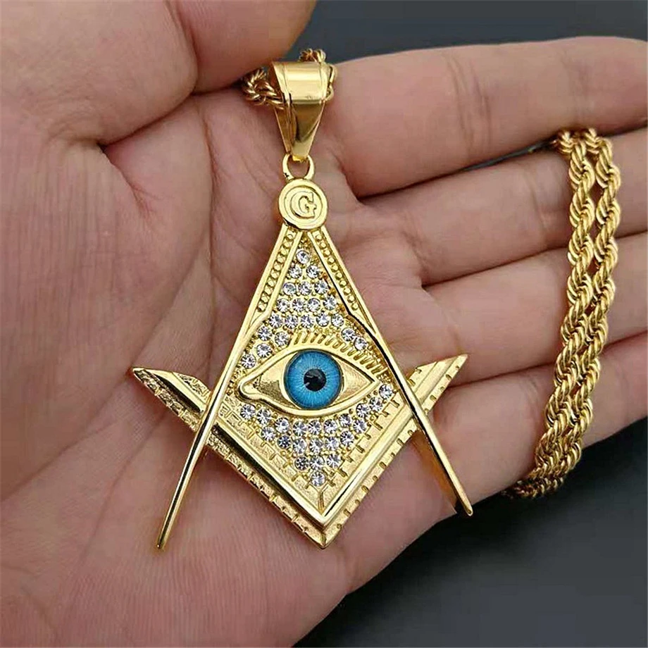 Купи Drop shipping Hip Hop Iced Out Masonic All-seeing Eye Pendant Necklace Chain Gold Color Stainless Steel Freemason Mason Jewelry за 677 рублей в магазине AliExpress