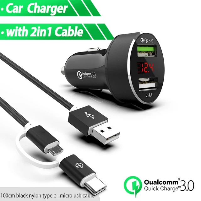 with 2 in 1 cable QC3.0 быстрое автомобильное зарядное устройство с двумя usb-портами светодиодный дисплей Быстрая зарядка 3,0 Автомобильное зарядное устройство для мобильного телефона автомобильное зарядное устройство для samsung huawei Xiaomi LG - Тип штекера: with 2 in 1 cable