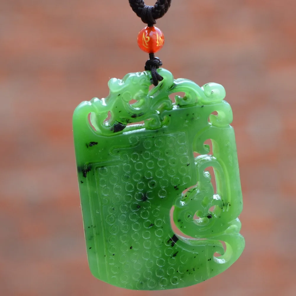 

(Certificate) Natural Green Stone Hollow Pendant Hand Carved Chinese Dragon Phoenix Pendant Necklace Men's Jewelry