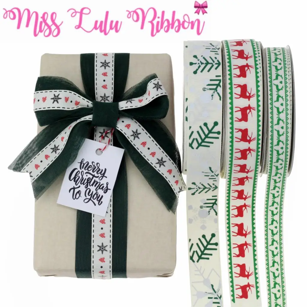 

1"25mm Green with Red Ink Printing Snowflake Cute Printed Grosgrain Ribbon DIY Merry Christmas Gift Boknowts 25yards/roll