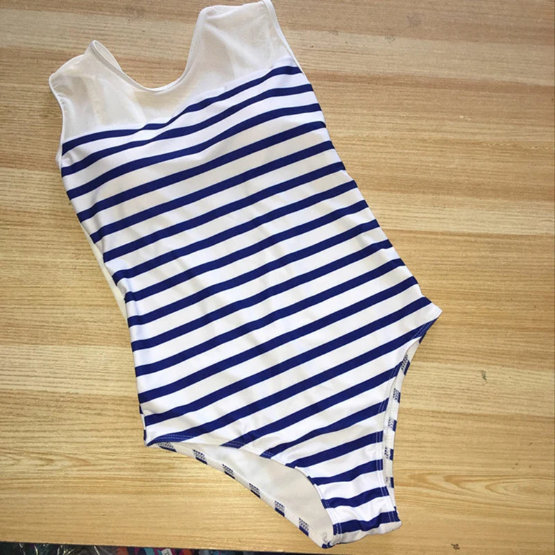 2019 Классический женский слитный купальник в бело синюю полоску для плавания