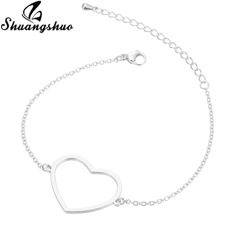 Silver Bracelet Shuangshuo, очаровательные браслеты в форме сердца для женщин, браслеты из нержавеющей стали, серебряные ювелирные изделия, двойное сердце, браслеты с подвесками, женские подарки - Окраска металла: Silver Bracelet