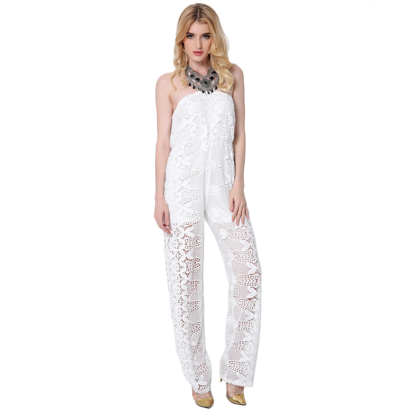 Белый Комбинезон Женщины Кружева Выдалбливают Спинки Холтер Шеи Знаменитости Sexy