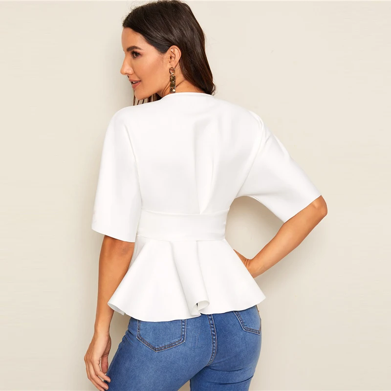 SHEIN топ с глубоким вырезом и баской на талии, белый однотонный облегающий женский топ и блузки, сексуальный глубокий v-образный вырез, летняя блузка с коротким рукавом
