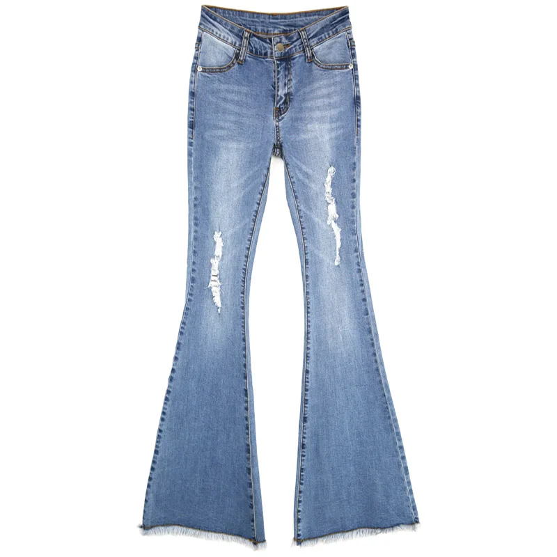 Vetevidi/осенние высококачественные женские рваные расклешенные джинсы эластичные