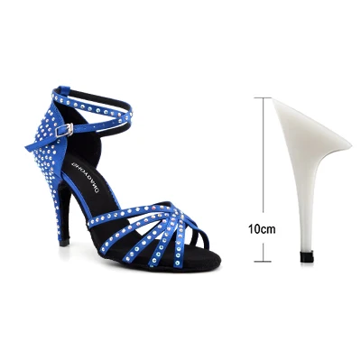 Blue 10cm SHOYDANC/атласная обувь для латинских танцев желтого и синего цвета; женская обувь для бальных танцев со стразами; вечерние танцевальные босоножки для сальсы; обувь на каблуке 10 см - Цвет: Blue 10cm