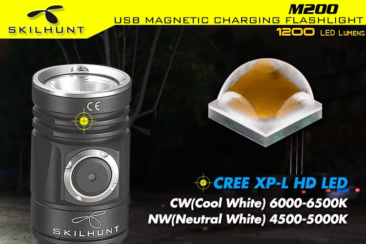 SKILHUNT M200 Магнитный заряжаемый фонарик CREE XP-L Светодиодный max 1200 люмен луч расстоянии 184 м тактический фонарик Открытый Свет