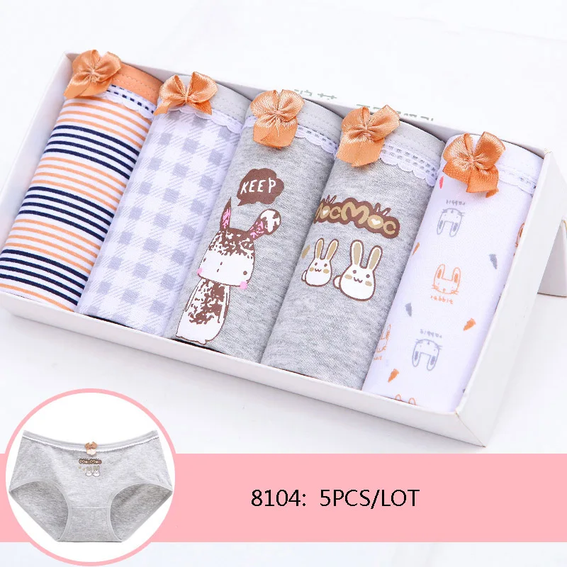 8104 5Pcs Feilibin, 5 шт./лот, женские хлопковые бесшовные пикантные трусики, женское нижнее белье, дышащие трусики, трусы для девочек, нижнее белье с милым бантом - Цвет: 8104 5Pcs