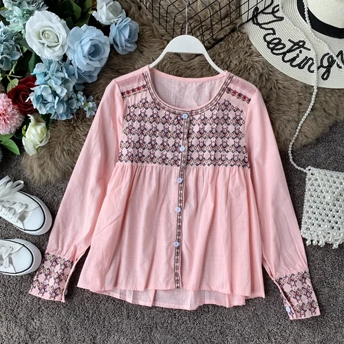 pink blouse Neploe хлопковые льняные рубашки для женщин винтажные блузки в богемном стиле с вышивкой однобортная рубашка осенние повседневные женские топы Blusas - Color: pink blouse