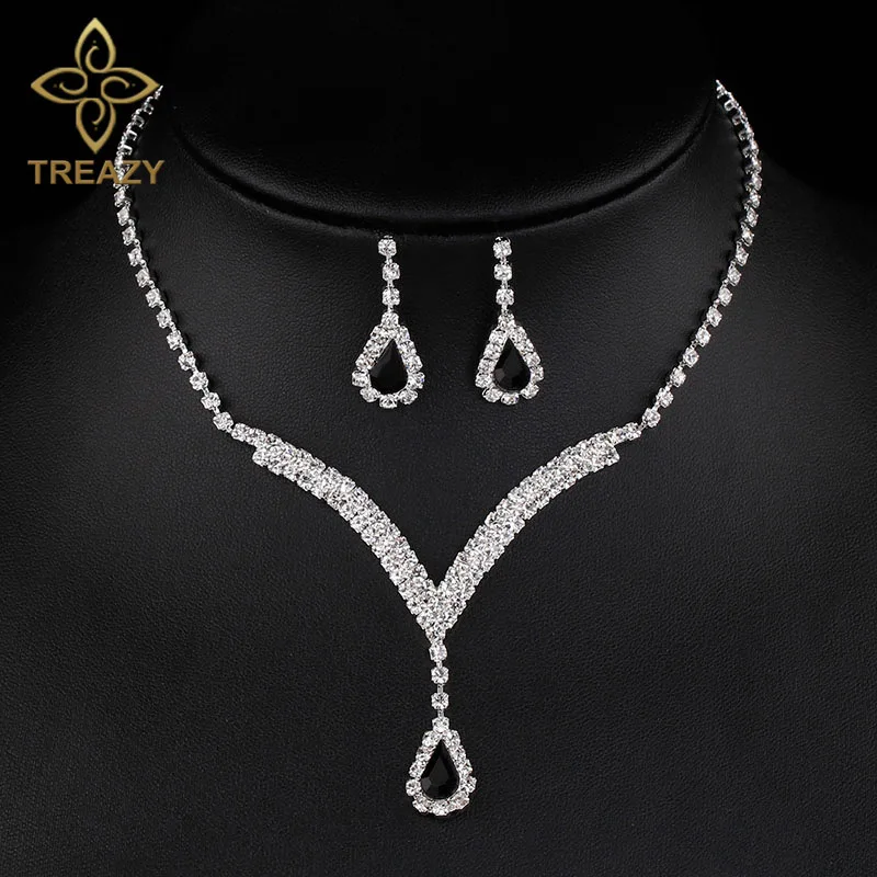 black TREAZY, 4 цвета, Кристальные наборы свадебных ювелирных изделий, v-образная форма, каплевидное колье, ожерелье, серьги, Свадебные Ювелирные наборы для женщин - Окраска металла: black