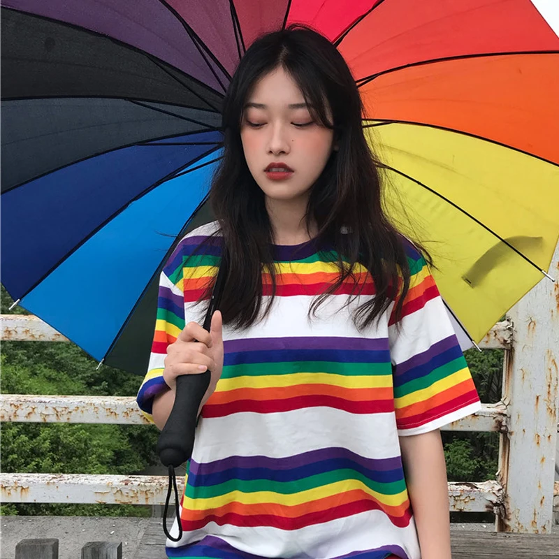 

Tee Shirt Woman Summer Tops Korean Ulzzang Harajuku Rainbow Striped T-shirt For Women Short Sleeve Tshirt Female Casual Clothing