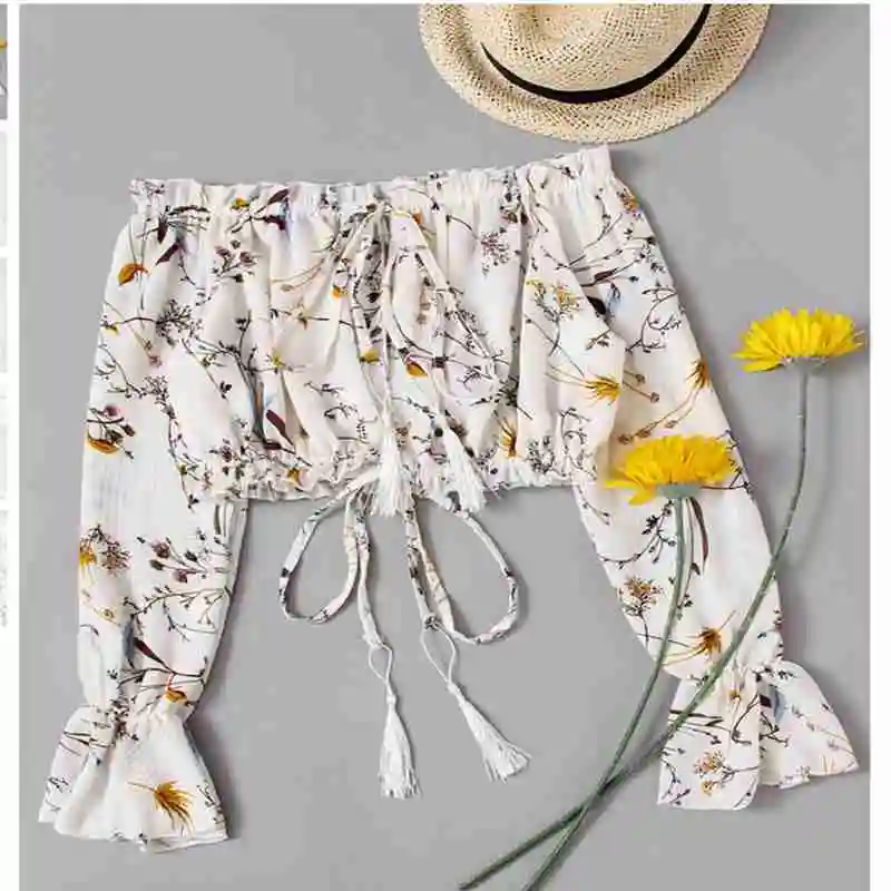 Модная женская летняя рубашка с открытыми плечами и длинным Расклешенным