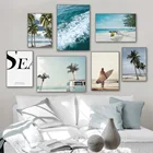 Девушка доски для серфинга море пляж Пальма стены искусства холст картина скандинавские плакаты и принты настенные картины для гостиной домашний декор