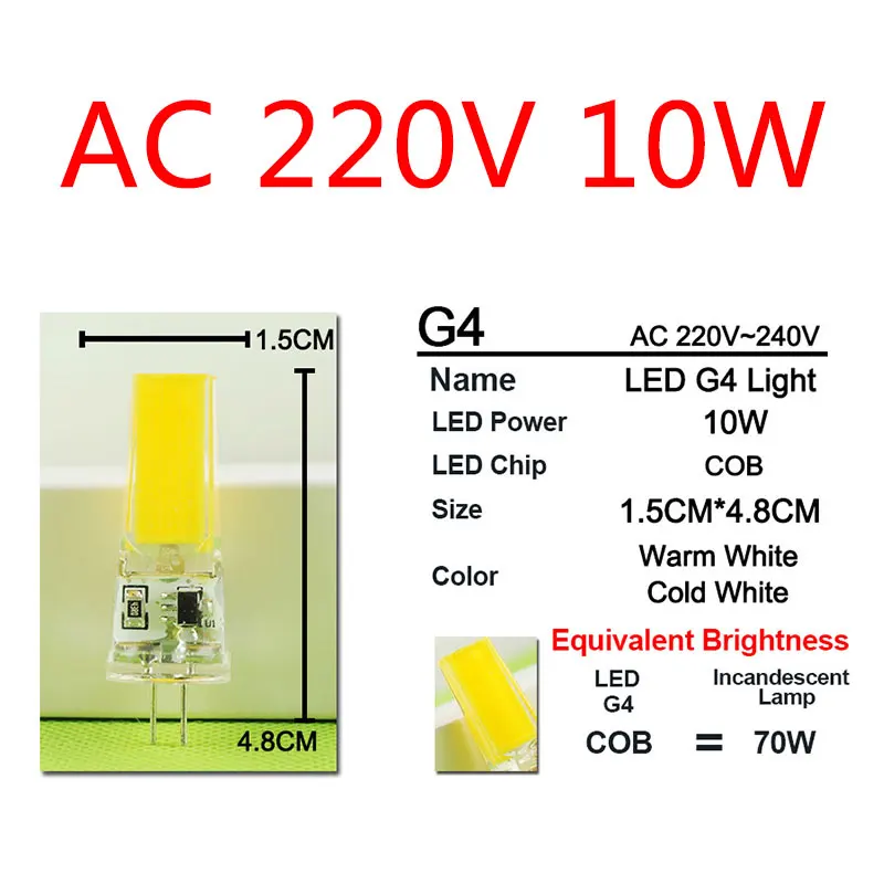 220V 10W COB Затемняемый 12 В/220 В мини G4 светодиодный светильник COB светодиодный светильник 4 Вт 6 Вт 10 Вт AC DC светодиодный G4 люстра заменить галогенный светильник Лампада Bombilla ампула - Испускаемый цвет: 220V 10W COB