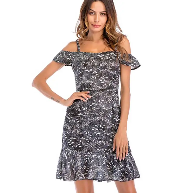 QLuoYi Для женщин 2018 Новый Off Shoulder Ruffle летнее платье синий слинг Шифон Пляж Boho