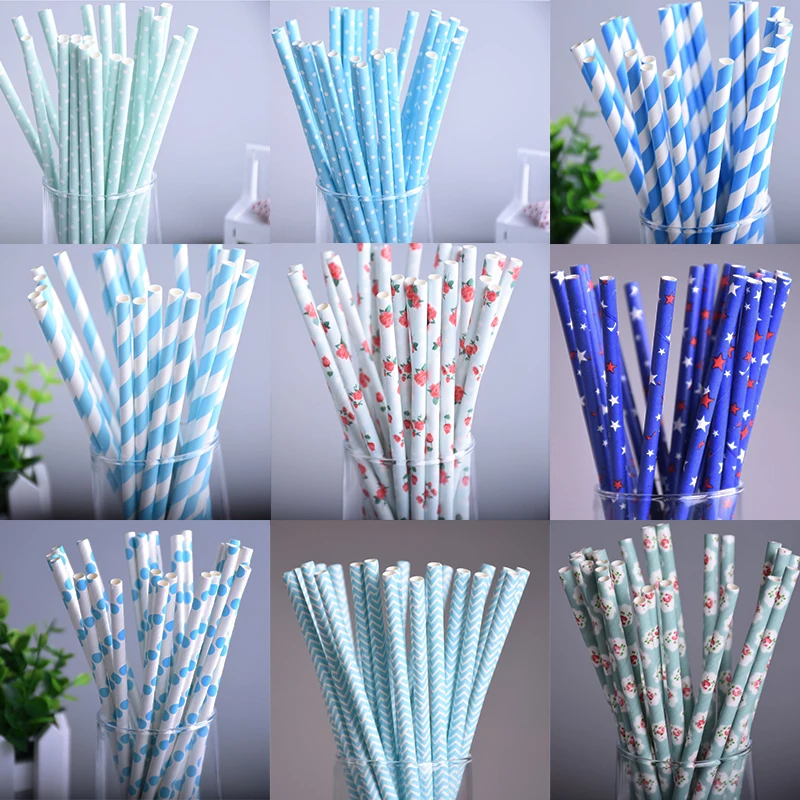 25 шт./лот 10 стилей синий Бумажная соломинка для питья детей день рождения Свадьба