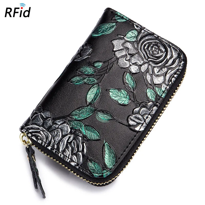 Silver rose S Брендовый кожаный женский Органайзер с молнией и RFID, кредитный держатель для карт, с тиснением розы, для паспорта, дорожные кошельки - Цвет: Silver rose S