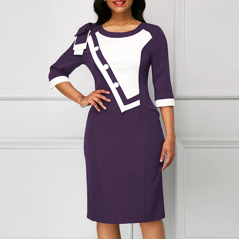 Женские контрастные цвета миди платье OL рабочая одежда Офис Вечерние платья