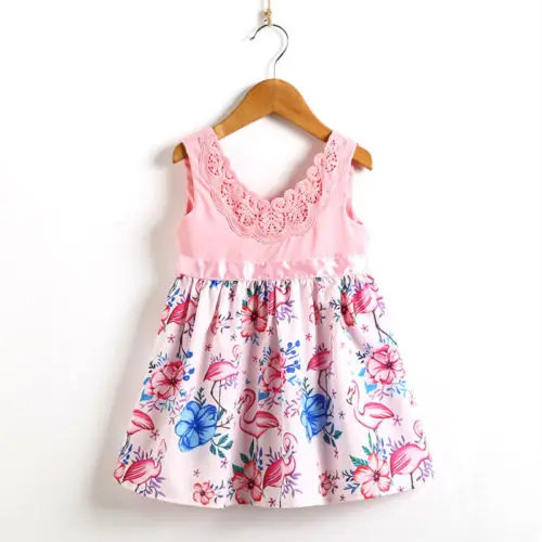 New 2020 Cute Kids Baby Girls Toddler Dress Flamingo Lace Floral Casual Party Dresses Sundress Clothes Outfit | Детская одежда и