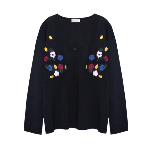 

Korean Style Women Cardigan Spring 2020 Vintage Floral Embroidery V Neck Knitted Sweater Jacket Thin Knitwear Black White T317