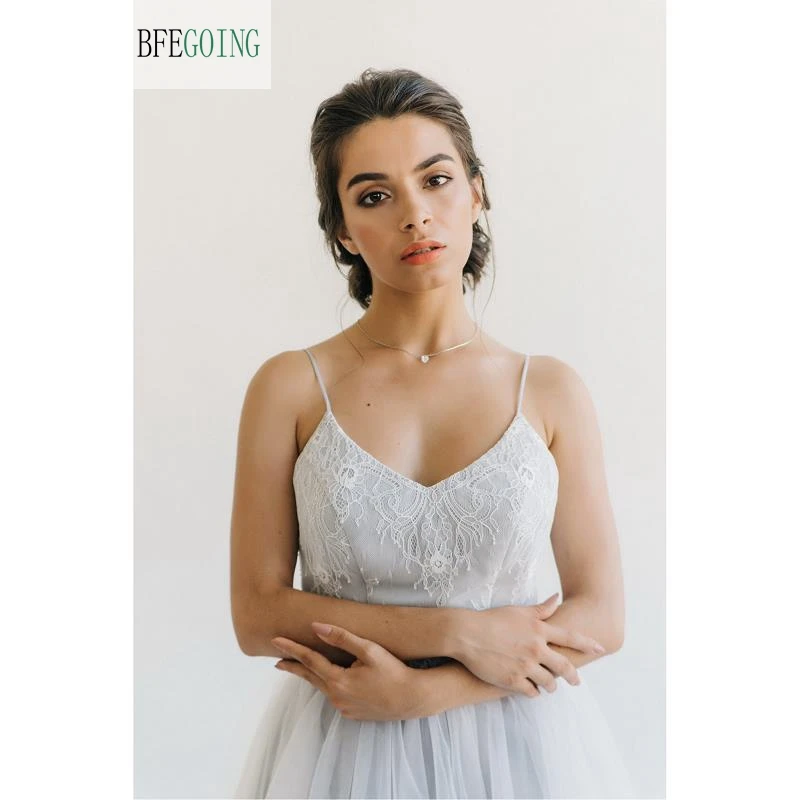 Тюлевое кружевное свадебное платье-трапеция до пола с V-образным вырезом и