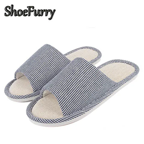 SLF-STW Navy Blue Летние сандалии; пляжная обувь; мужские льняные домашние тапочки; дышащие льняные тапочки; мужские Нескользящие тапочки для спальни Мужские повседневные туфли больших размеров Домашние тапочки Обувь Мужская в полоску - Color: SLF-STW Navy Blue