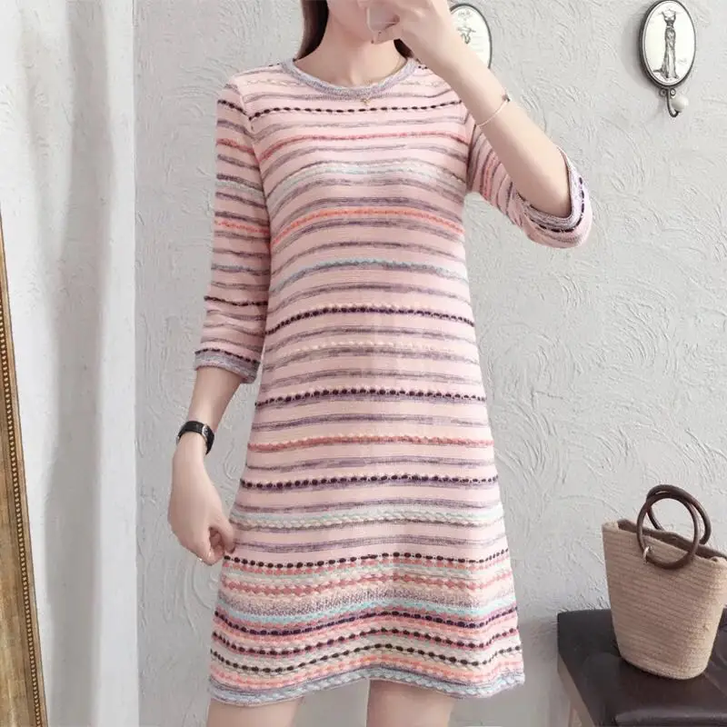 2019 Summer Vintage Stripe Dress Women Mini Knit Short Sleeve Colorful Striped Dresses Female Holiday Vestido Student | Женская одежда