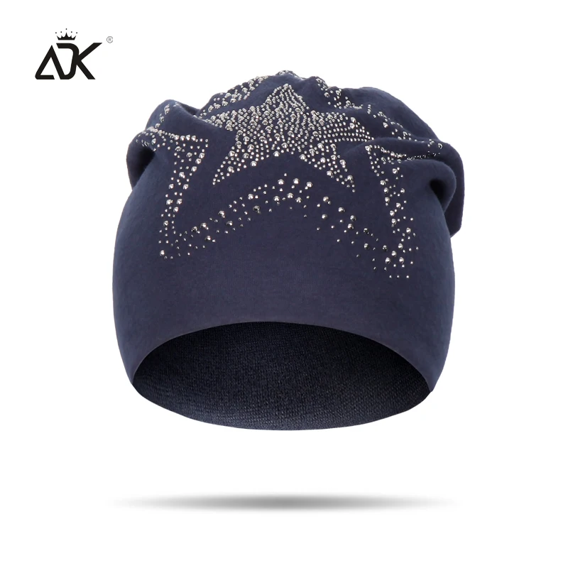 Хлопчатобумажная женская вязаная шапка Skullies Beanies со стразами и пентаграммой