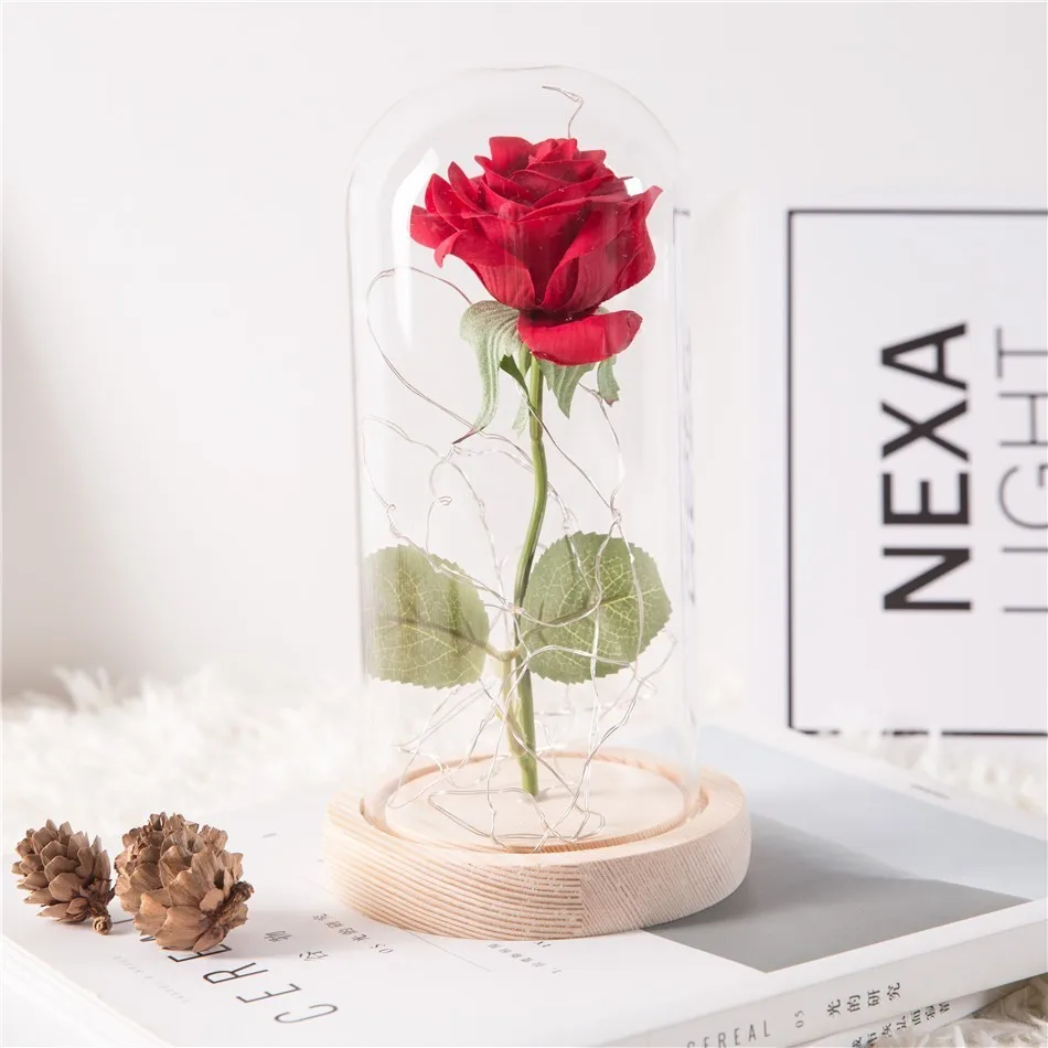 Wood red Светодиодный красивая роза и чудовище питание от аккумулятора красная цепочка цветов свет настольная лампа Романтический День Святого Валентина подарок на день рождения, Декор - Цвет: Wood red