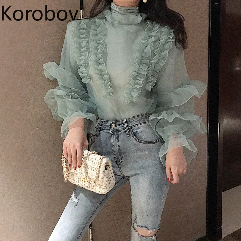 Korobov Новая модная сетчатая блузка из 2 предметов Корейская Элегантная черная