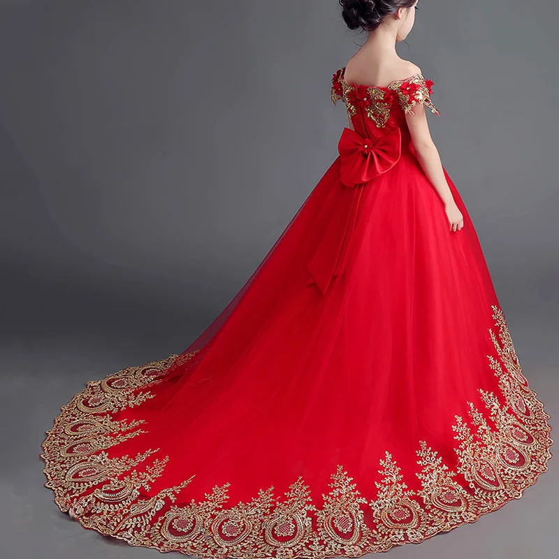 Princess Girls Dresses 2017 New Embroidery Mullet dress Red Dress With Bow Shoulderless Evening Floral JF63 | Детская одежда и