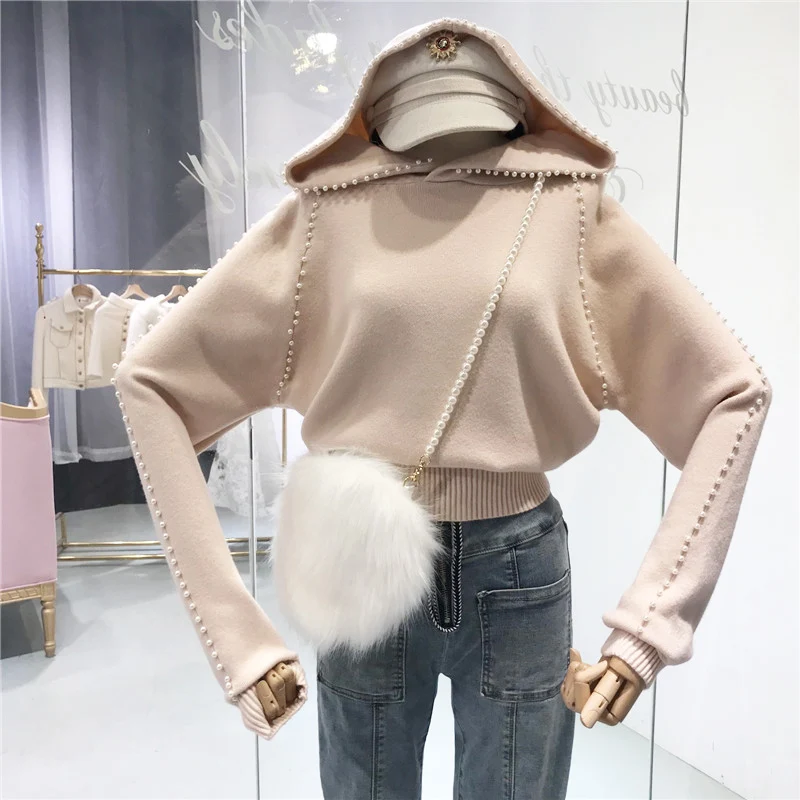 Женский свитер с капюшоном ALPHALMODA длинными рукавами и жемчужинами Осенний