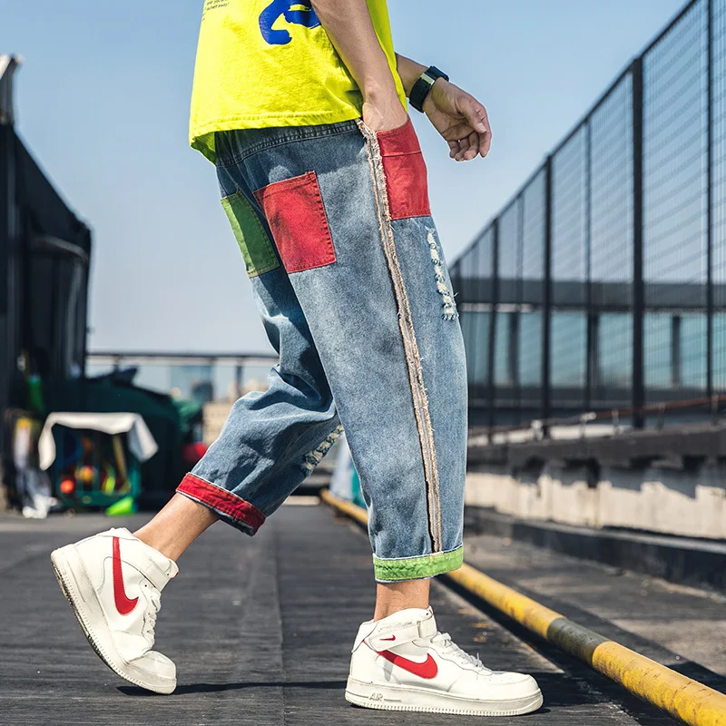 Мужские повседневные брюки для отдыха синие шаровары с дырками 2019|Мужские