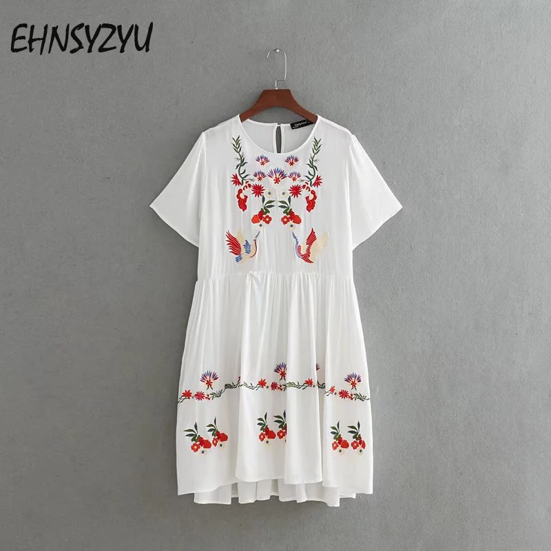 2017 Для женщин Рубашка с короткими рукавами Цветочные Птица Вышивка Винтаж платье