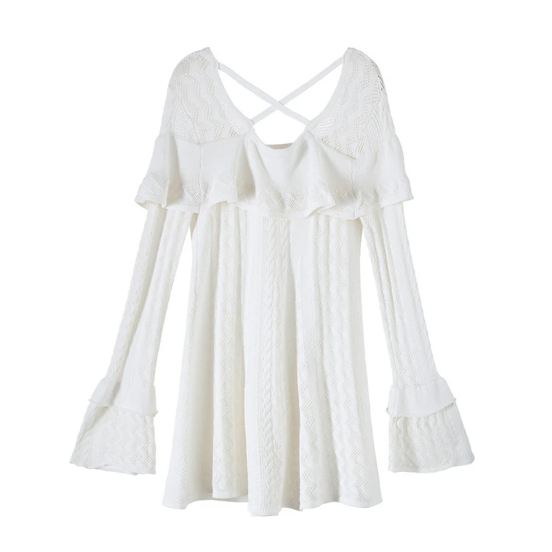 Белое дизайнерское платье 2019 вязаное белое с длинными рукавами женское