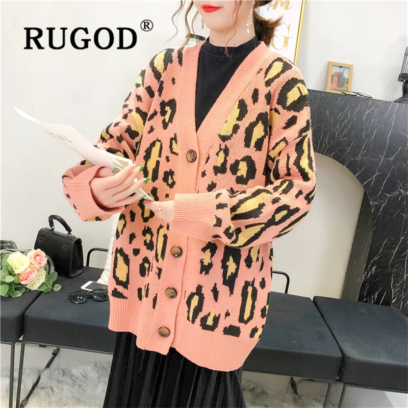 RUGOD винтажный Новый женский леопардовый вязаный кардиган модный однобортный