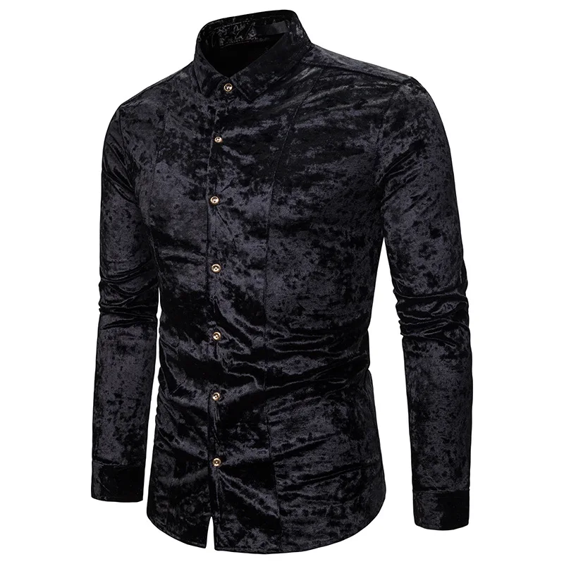 Весна Осень Chemise Homme мужские Рубашки повседневные приталенные Роскошные однотонные бархатные тонкие рубашки с длинным рукавом S-XXL