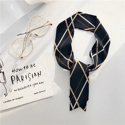navy blue geometric Luna& Dolphin, женский длинный шарф, 86x6 см, черно-белые шифоновые шелковые шарфы, богемский клетчатый галстук, шарф, повязка на голову, сумка, лента, цветок, колье - Цвет: navy blue geometric