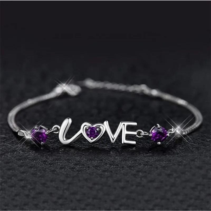 

TJP New Fashion 925 SilverBracelets For Women Engagement Party Anklets Trendy Purple Crystal Love Girl Silver Bracelets Bijou