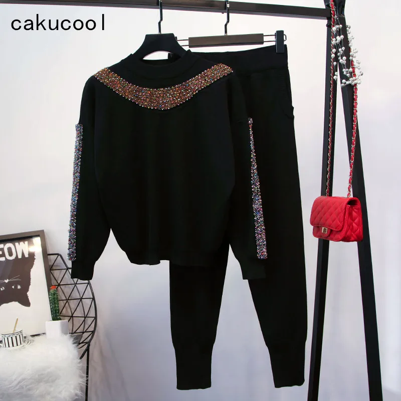 Cakucool/Роскошный вязаный Топ с бусинами и шаровары на весну Женский комплект 2 шт.
