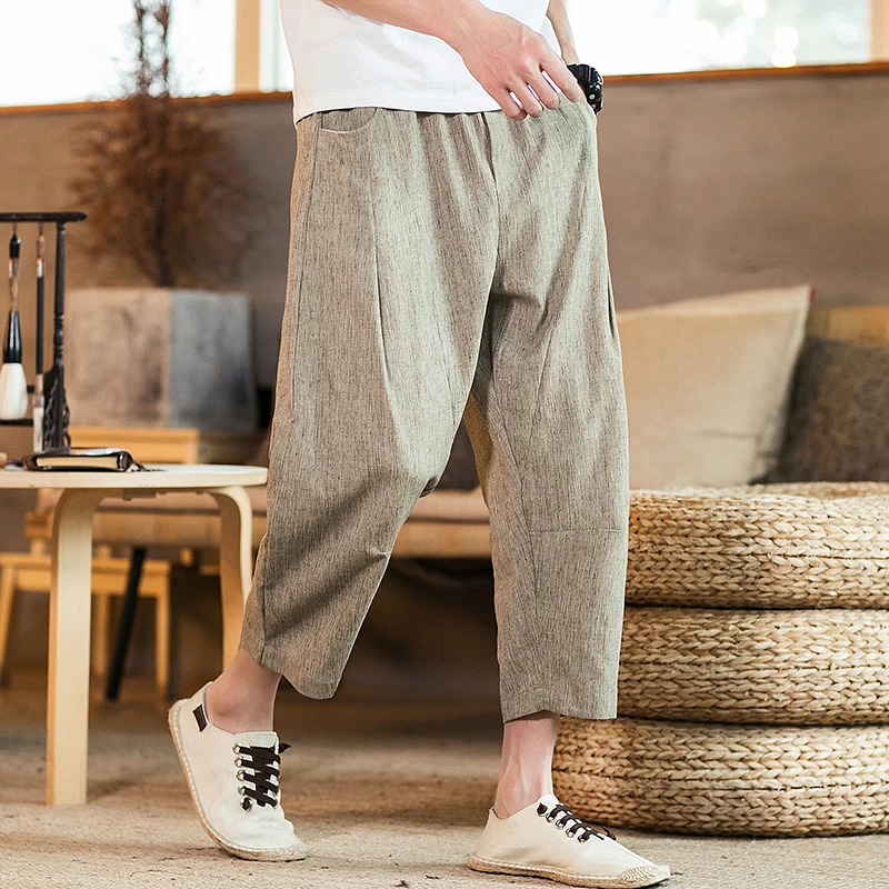 2022 New Fashion Men Casual Harem Pants Summer Trousers Mens Cotton Linen Pants Male Chinese Style Solid Calf-length Pants 5XL