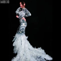 sparkly black white printed diamond feather dress birthday celebration party banquet evening dress concert ball singer costume