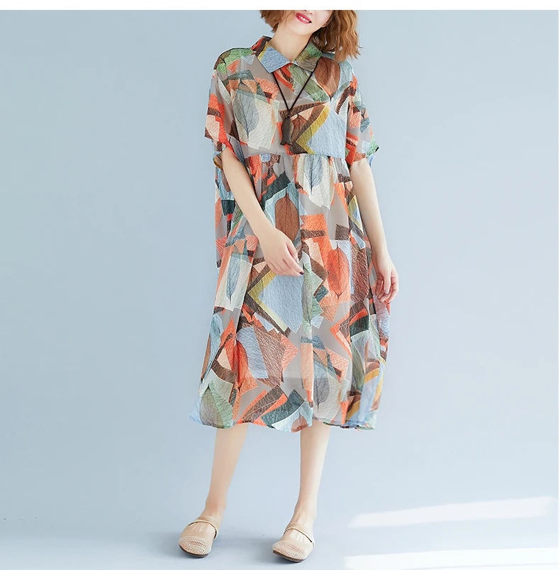 Летние Для женщин Print Draped листьев свободные шифоновое пляжное платье отложным