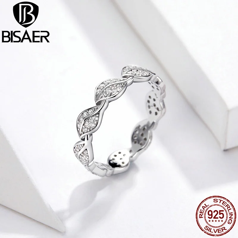 Ювелирные изделия BISAER с листьями, 925 пробы, серебряные светящиеся кольца с листьями дерева для женщин, свадебные украшения для помолвки EFR049