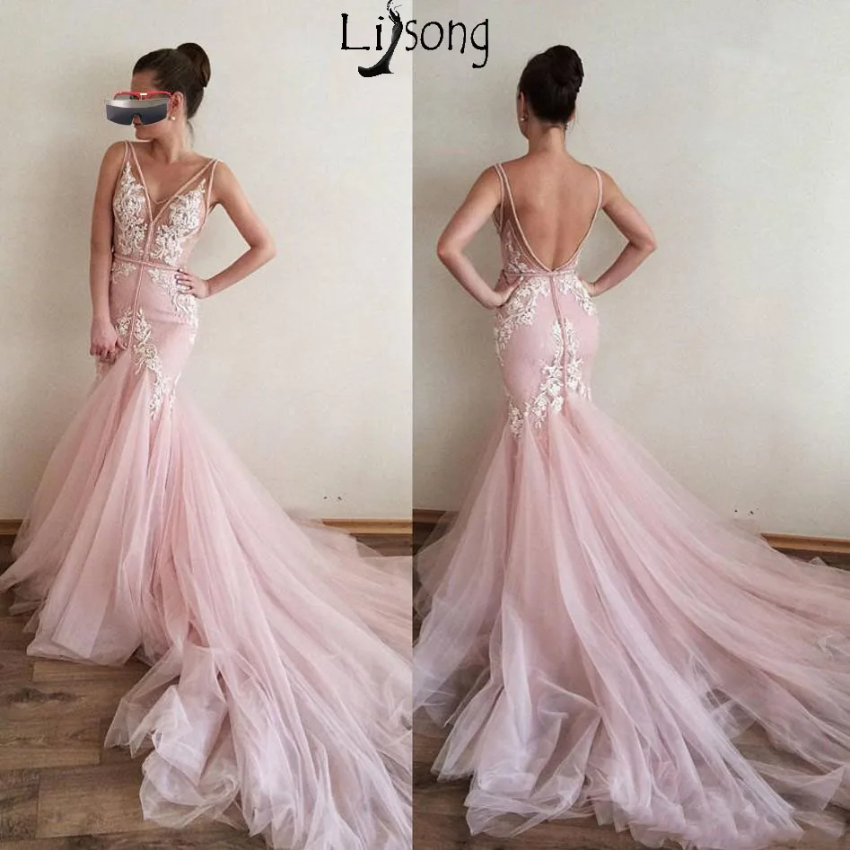 

Pink Long Mermaid Prom Dresses Robe De Soiree Appliques Formal Evening Dress Abendkleider Elegant N Neck Backless Party Gowns